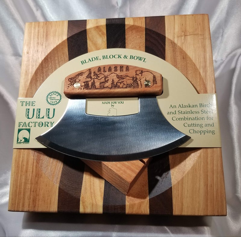 Large Alaska Ulu Bowl Set Wildlife Collage Etched Handle